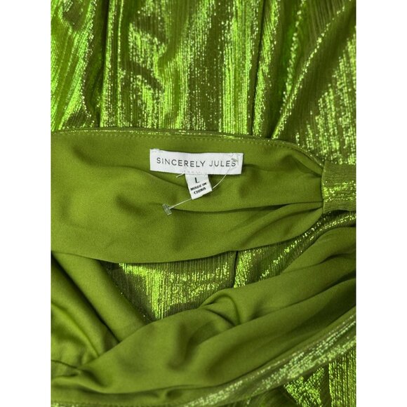 NEW Sincerely Jules Womens L Green Metallic Deep Neck Shiny Pleated Gown Stretch - Picture 7 of 16